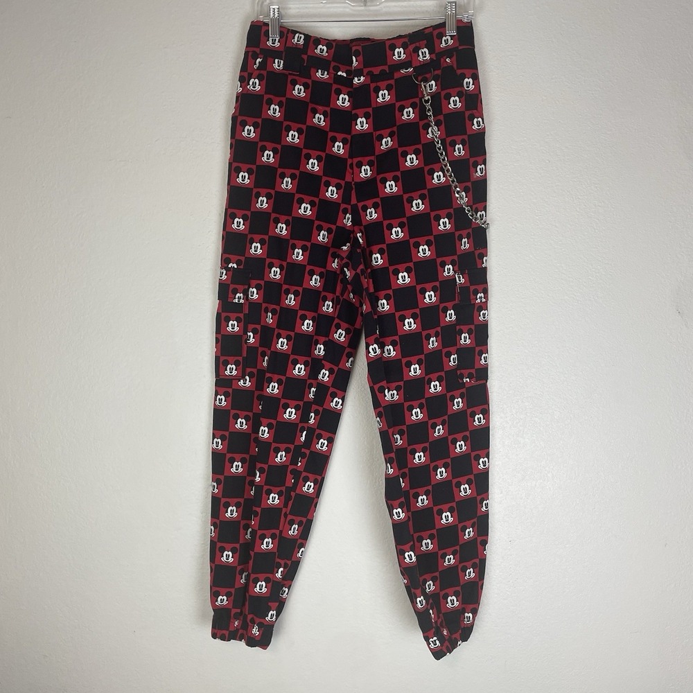 Disney Forever 21 Mickey Mouse Plaid Cargo Jogger Pants With Chain Medium Skater